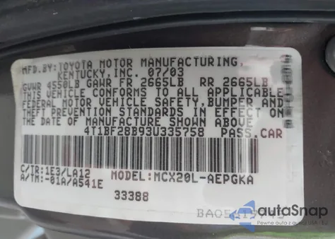 2003 Toyota Avalon Xls z USA, uszkodzony, nr VIN 4T1BF28B93U335758